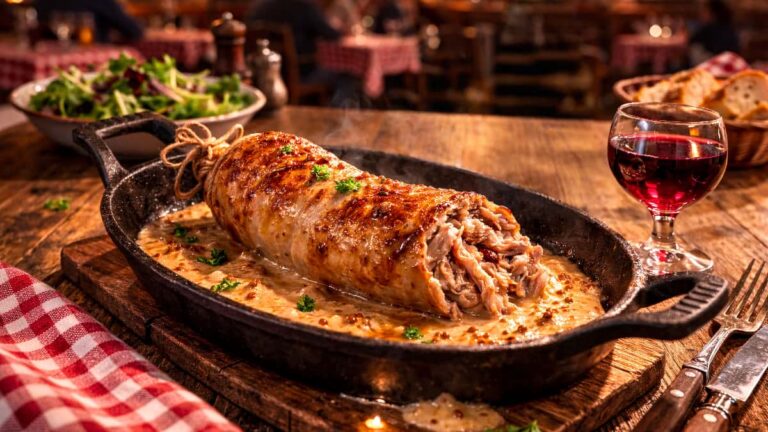 Andouillette lyonnaise à la fraise de veau, nappée de moutarde, servie dans un bouchon ou en terrasse au bord de la Saône.