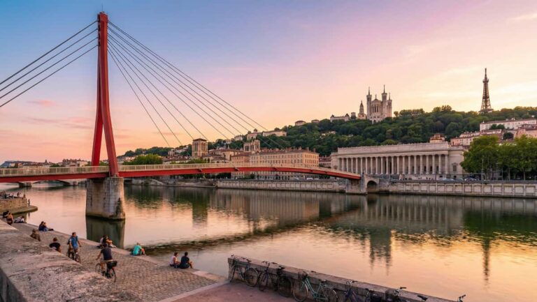 La passerelle du Palais de Justice de Lyon relie en quelques pas les quais Saint‑Antoine et des Célestins au Vieux‑Lyon, dans l’axe parfait des 24 colonnes