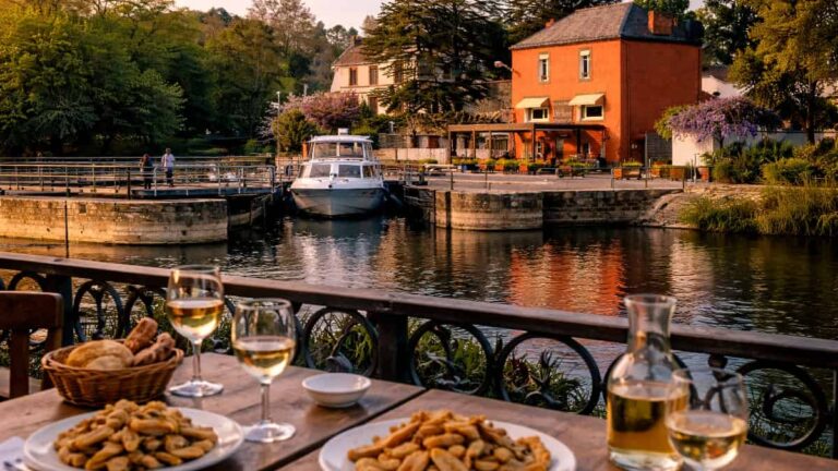 Restaurant écluse : diner face aux bateaux en bord de Saône.