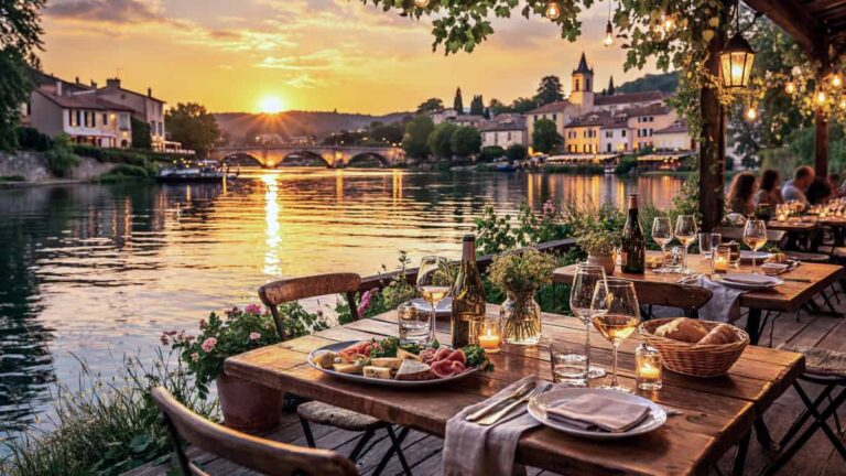 Restaurant avec terrasse bord de l'eau le long de la Saône
