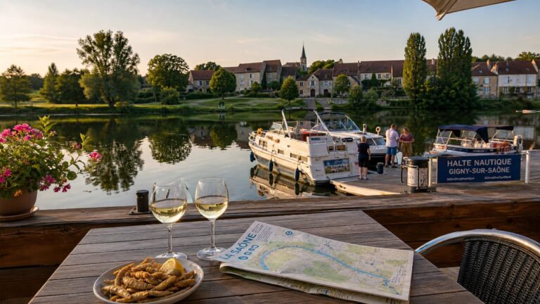 Halte nautique Gigny-sur-Saône. Un port discret, une terrasse face à la Saône, des bateaux qui passent