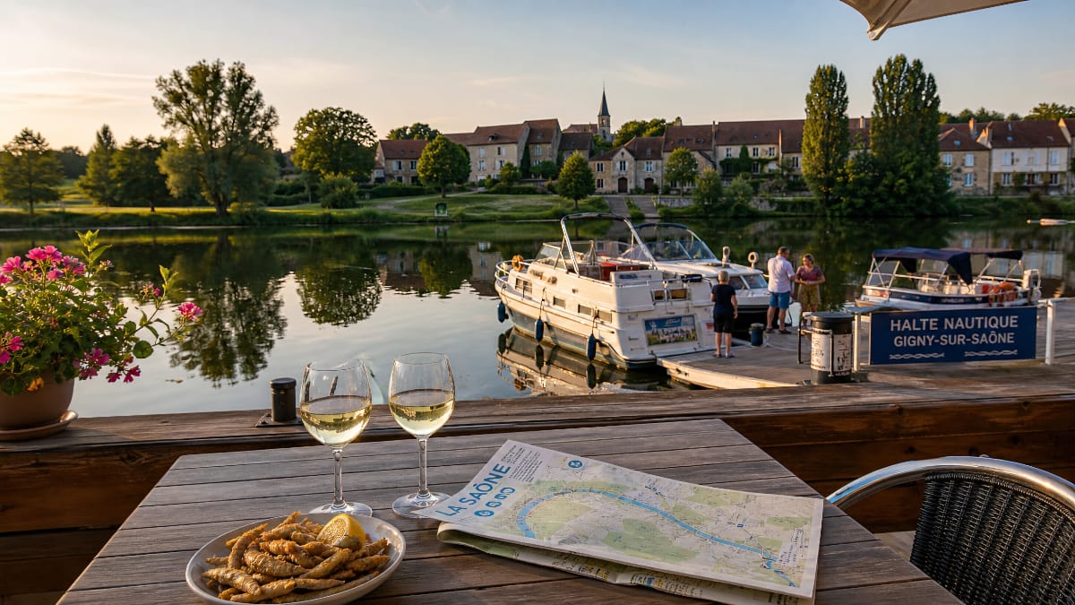 Halte nautique Gigny-sur-Saône. Un port discret, une terrasse face à la Saône, des bateaux qui passent