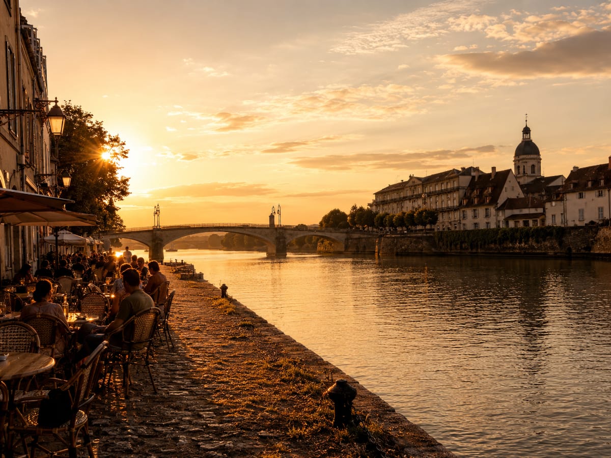 Quais de la Saône à Chalon-sur-Saône en fin de journée, lumière dorée sur le fleuve