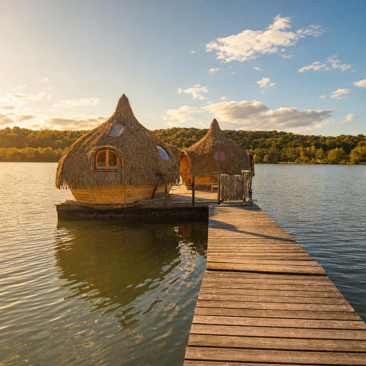 Cabane perchée dans les arbres au bord du lac de Bonnal à Chassey-lès-Montbozon