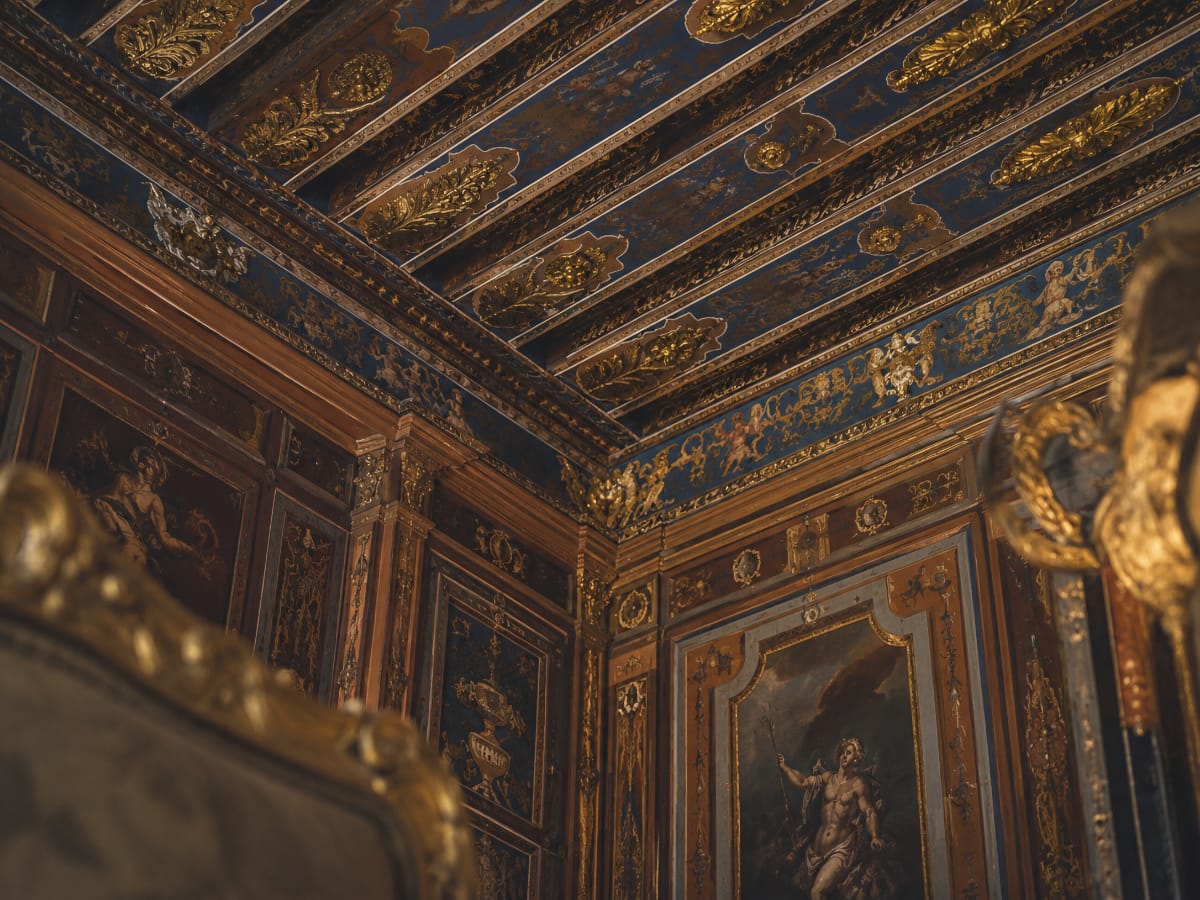 Appartement Louis XIII du château de Cormatin, plafond peint et boiseries dorées