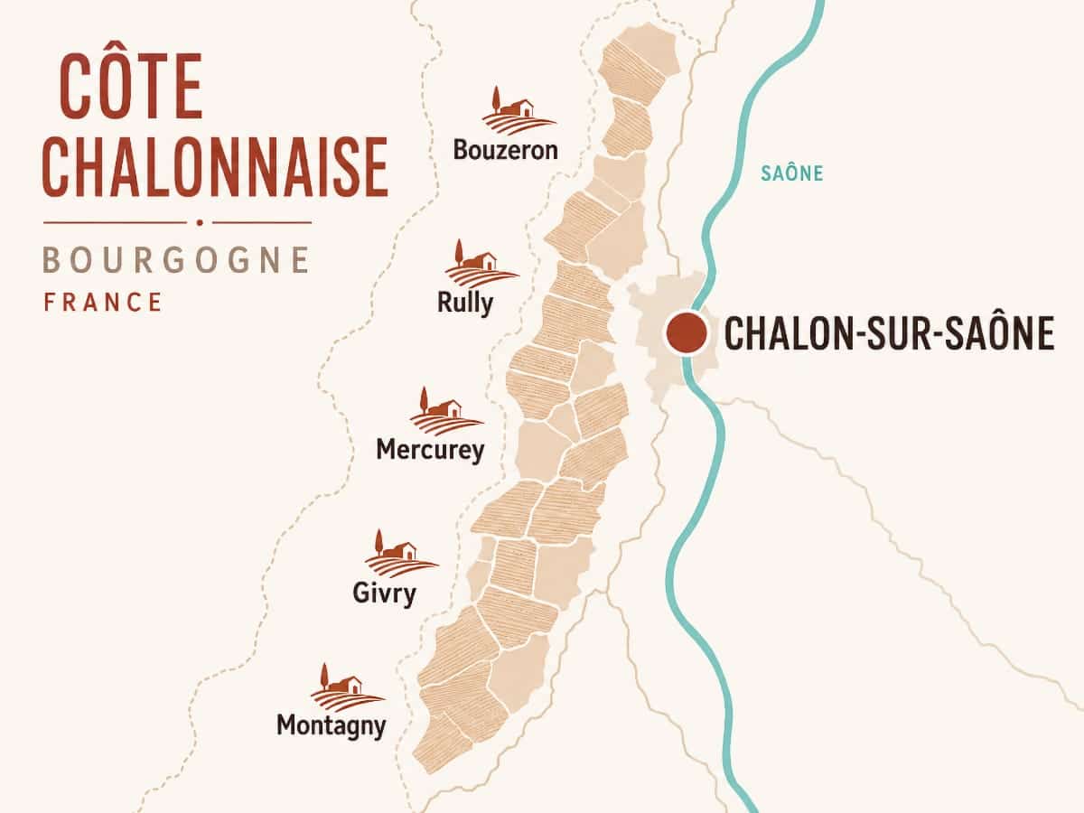 Carte des cinq appellations de la Côte chalonnaise autour de Chalon-sur-Saône