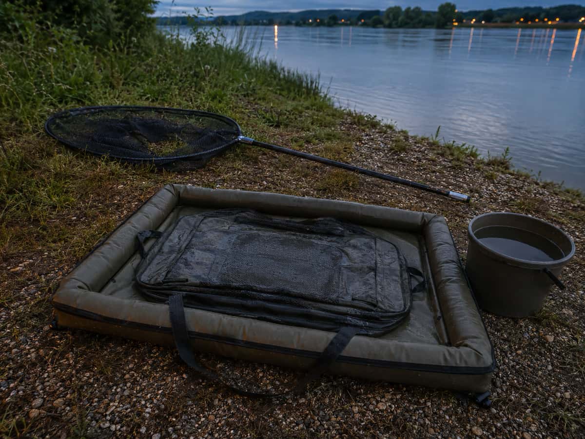 Épuisette, tapis de réception humide et sac de pesée disposés près de la rive