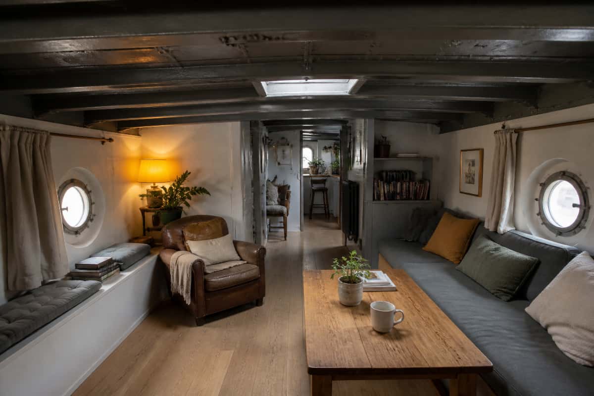 Salon aménagé dans une péniche avec hublots, rangements intégrés et mobilier en bois