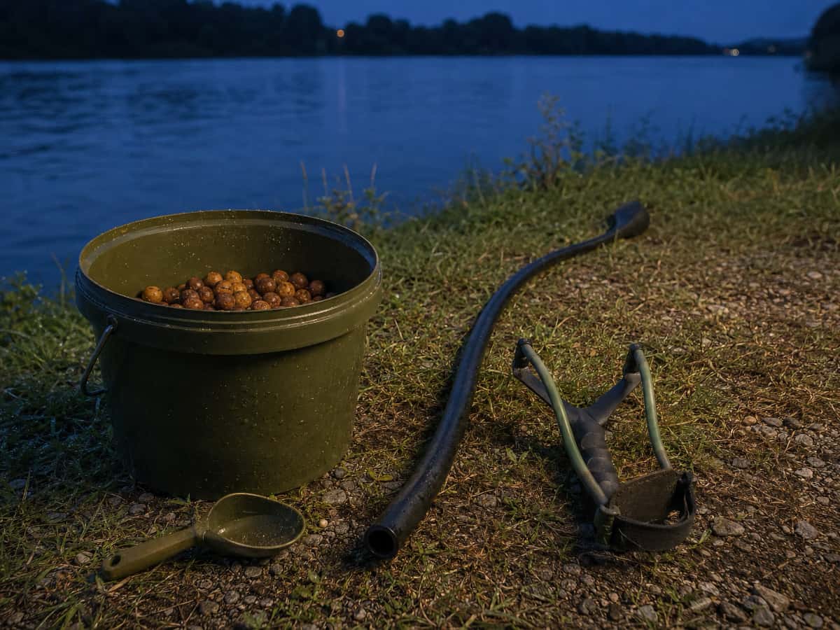 Seau de bouillettes, cobra, fronde et pelle d’amorçage pour la pêche à la carpe de nuit sur la Saône