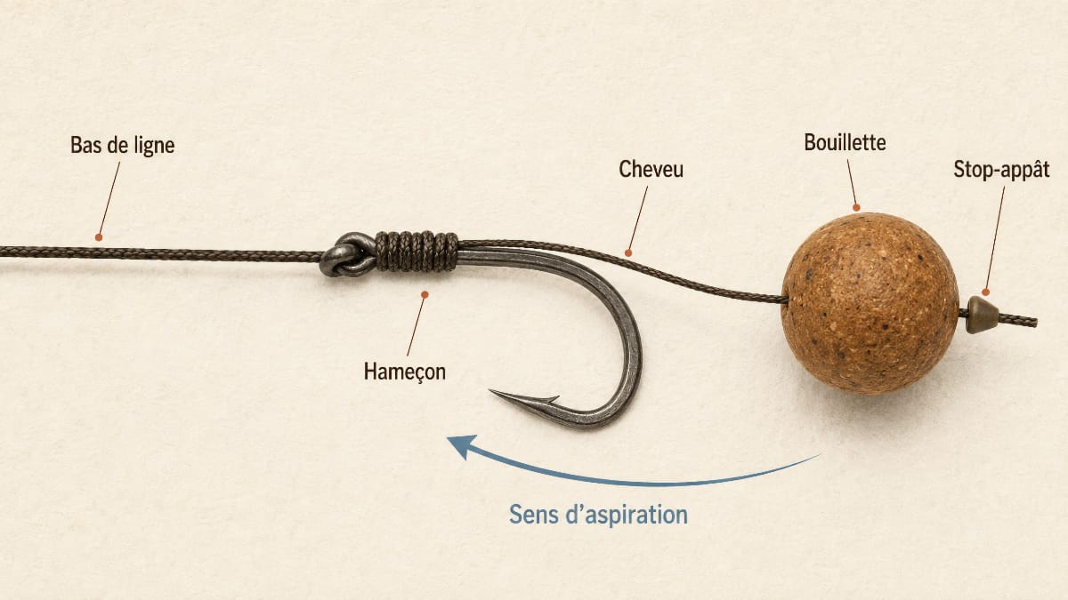 Schéma montrant une bouillette fixée sur le cheveu à côté de l’hameçon et reliée au bas de ligne