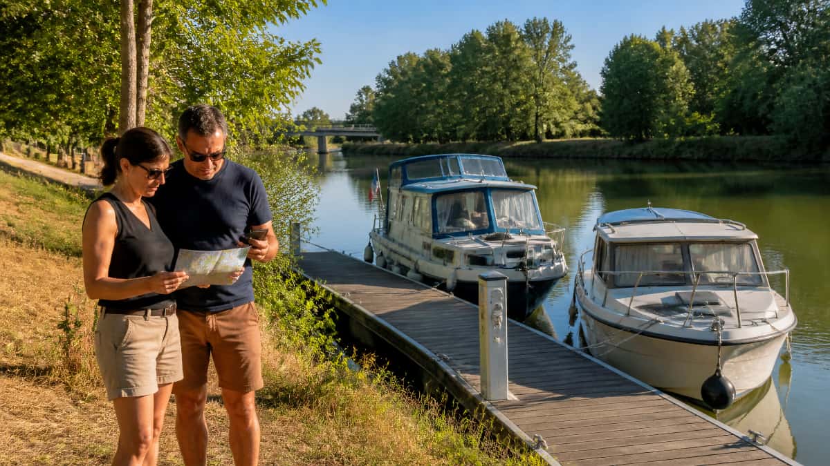 Plaisanciers consultant une carte près de bateaux amarrés à un ponton en été