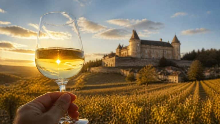 Verre de vin blanc de Rully au premier plan, vignoble et château de Rully en arrière-plan au coucher du soleil