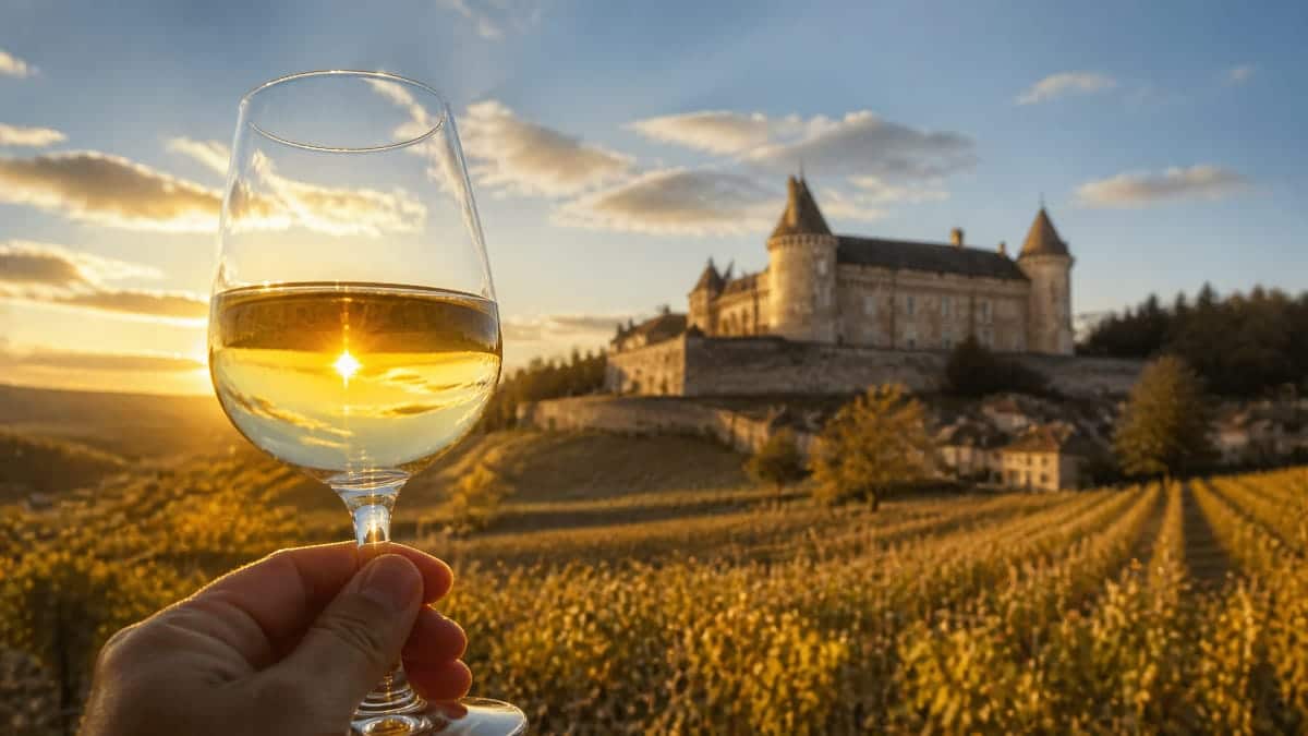 Verre de vin blanc de Rully au premier plan, vignoble et château de Rully en arrière-plan au coucher du soleil