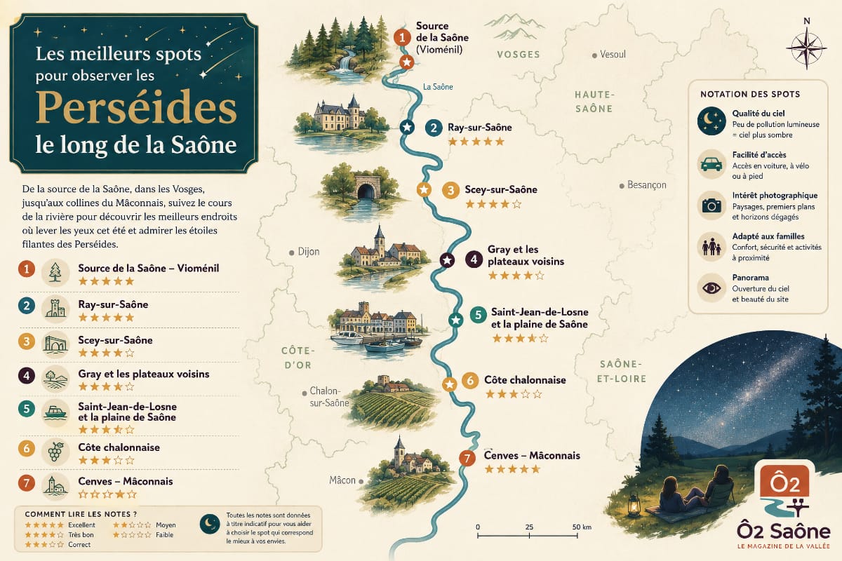 Carte des sept secteurs où observer les Perséides le long de la Saône, de Vioménil à Cenves