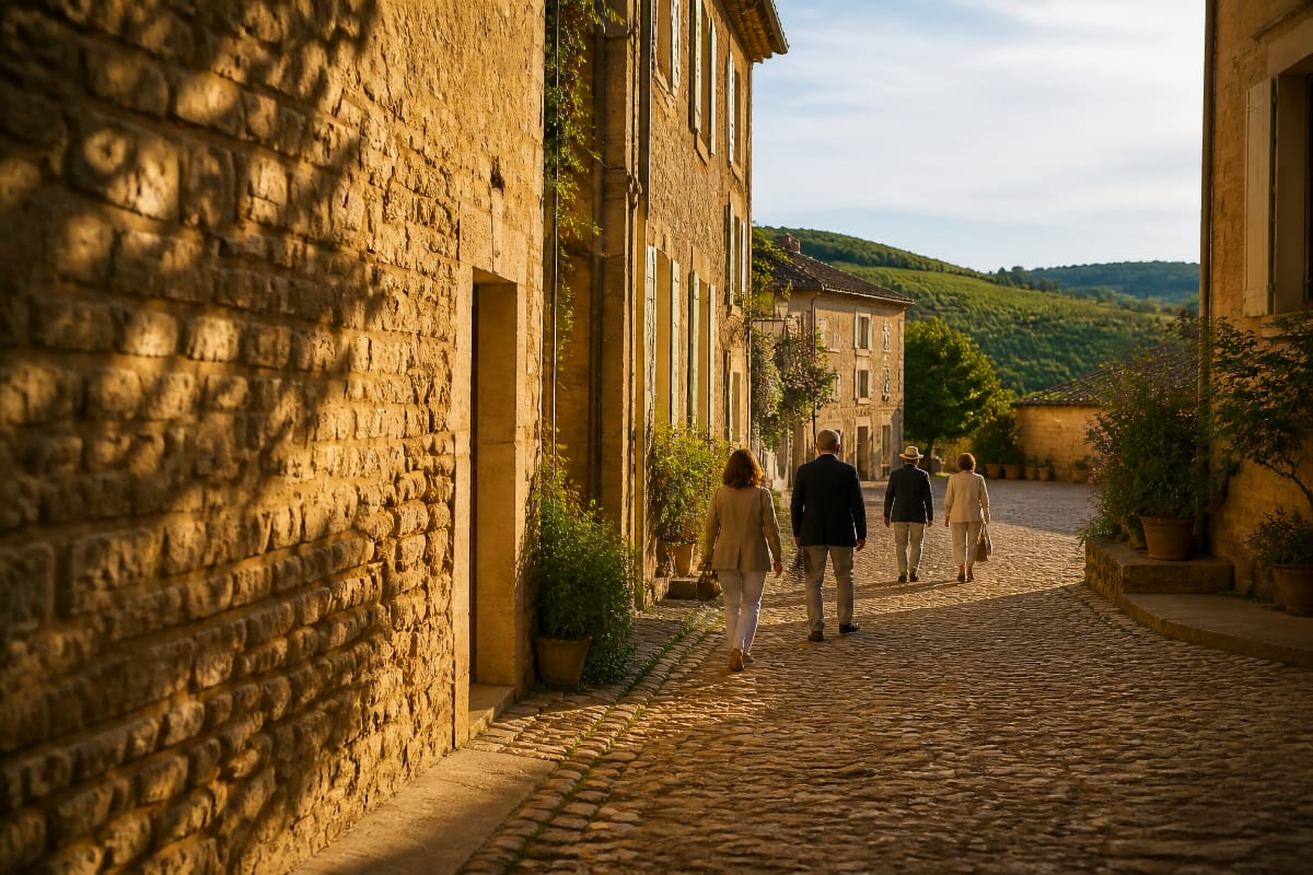 Rue et maisons de pierre dorée à Charnay-en-Beaujolais sous la lumière de fin d'été