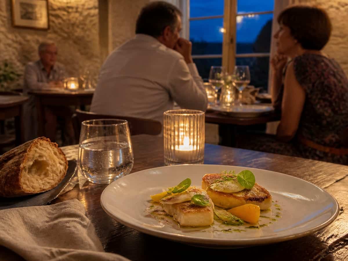 Dîner chaleureux dans un restaurant de village du Beaujolais avant une soirée de concert
