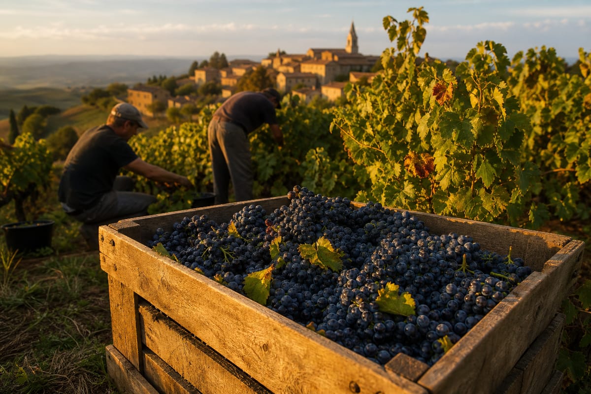 Vignes du Beaujolais pendant les vendanges de septembre près de Charnay-en-Beaujolais