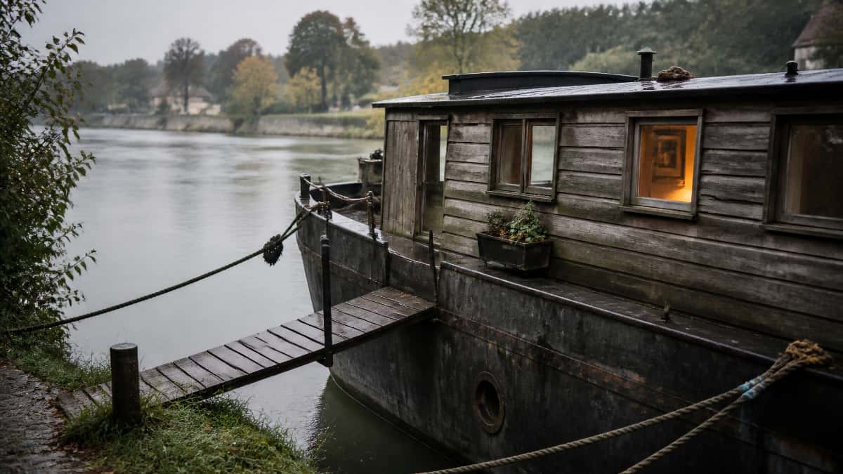 Intérieur de péniche en hiver avec hublot, rideaux isolants et lumière chaude