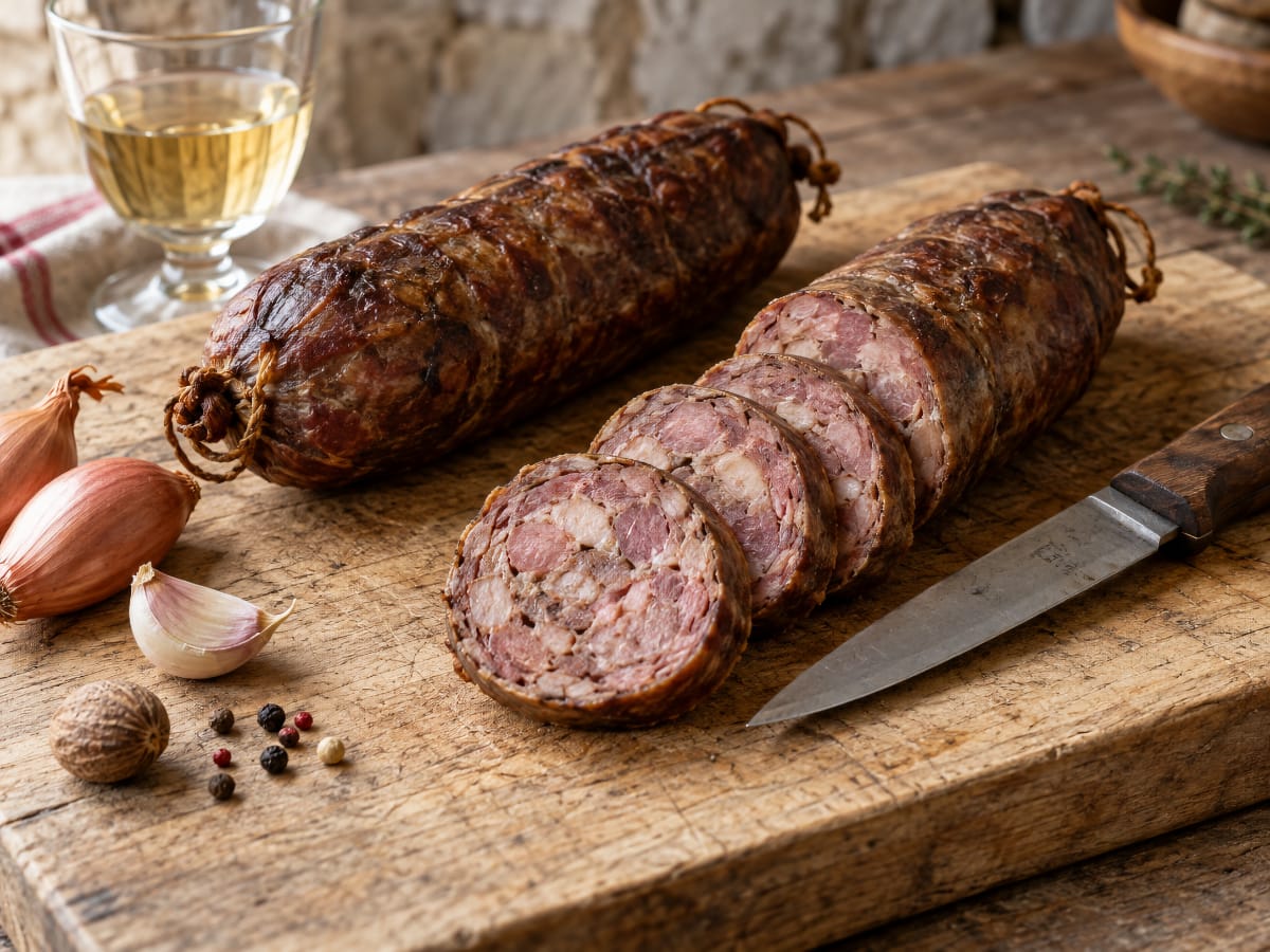 Andouille du Val-d’Ajol entière et découpée en tranches pour la dégustation