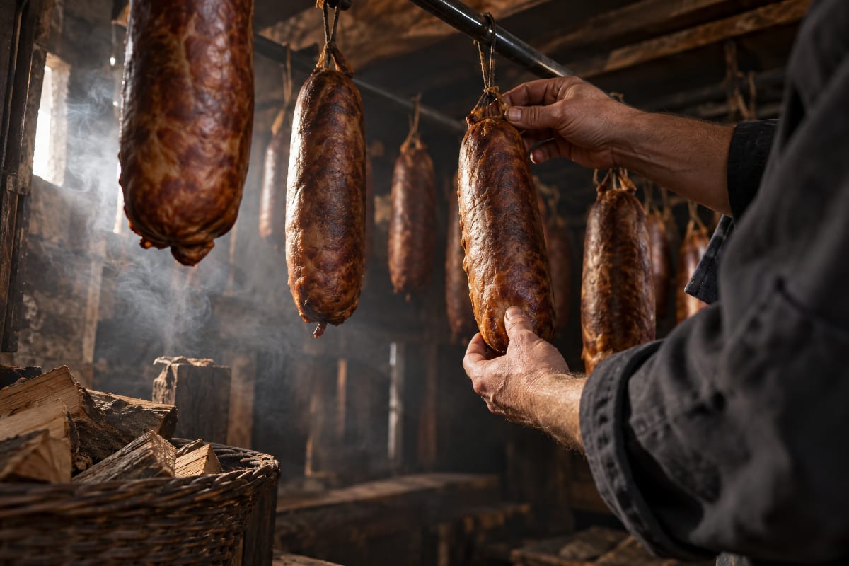 Andouilles du Val-d’Ajol suspendues dans un fumoir artisanal