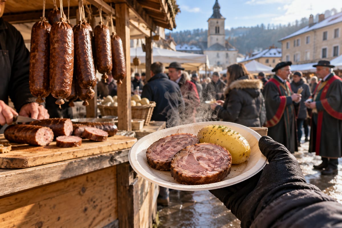 Dégustation d’andouille pendant le marché gourmand du Val-d’Ajol