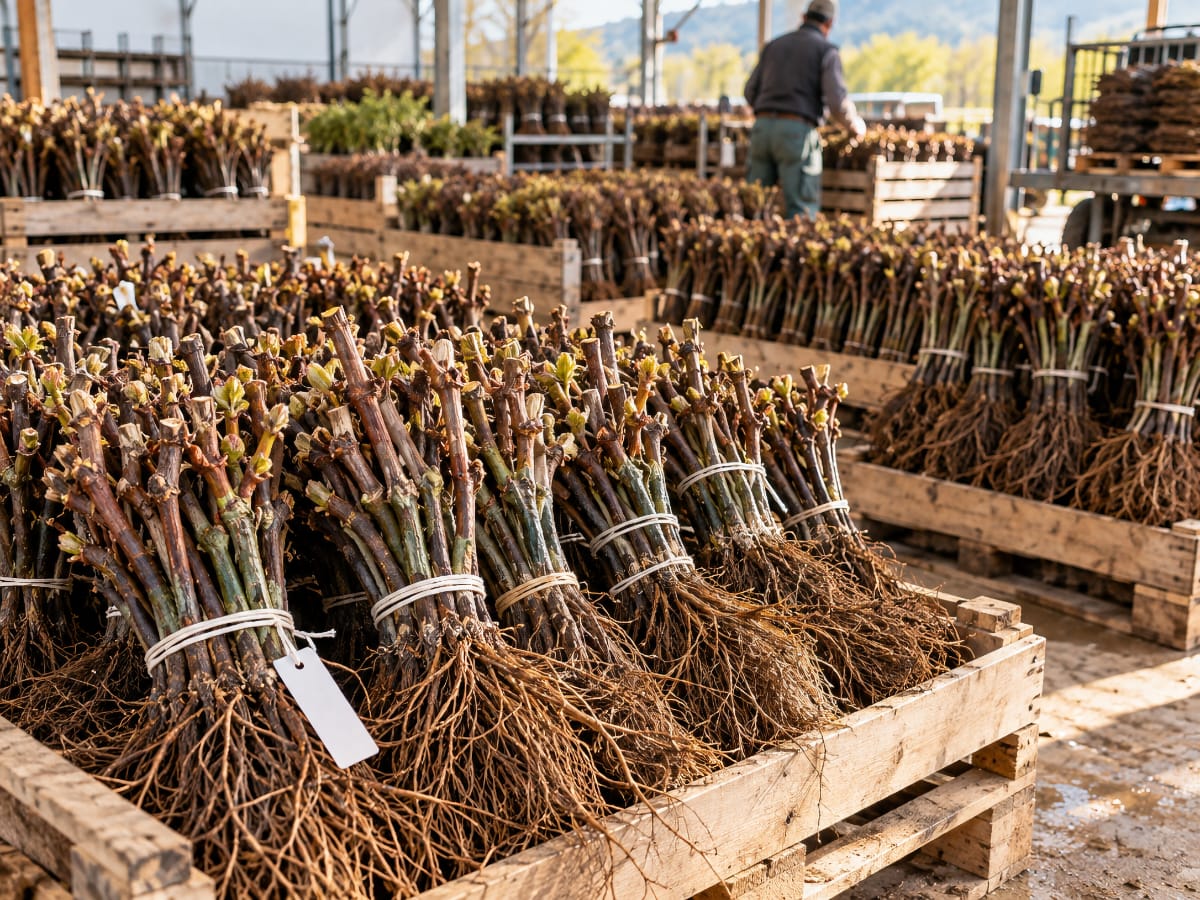 Jeunes plants de vigne préparés dans une pépinière viticole à Charcenne