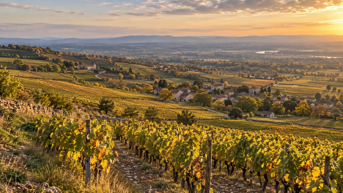 Panorama sur les coteaux viticoles de Lugny et la vallée de la Saône en automne