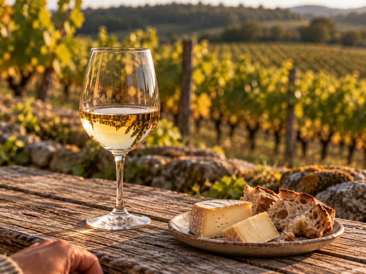 Verre de vin blanc, pain et fromage devant les vignes de Lugny