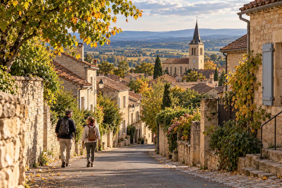 Vue du village de Lugny avec ses maisons de pierre et son église dans le Haut-Mâconnais