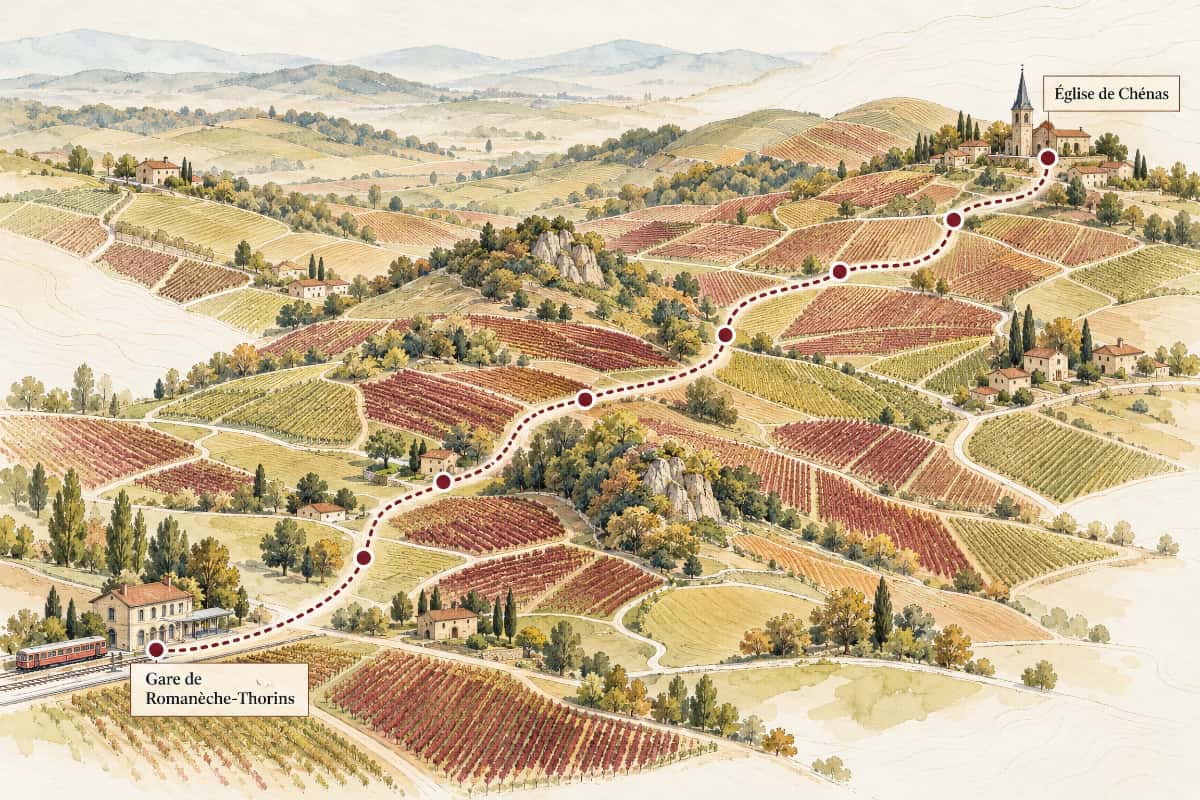 Illustration du parcours de Moulin-à-Vent Express entre la gare de Romanèche-Thorins et l’église de Chénas, à travers les vignes