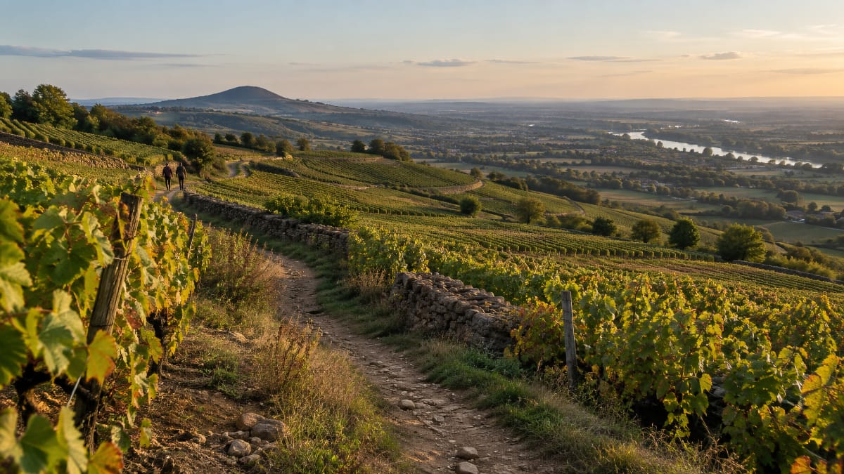 Chemin de randonnée dans les vignes près du mont Brouilly à Odenas