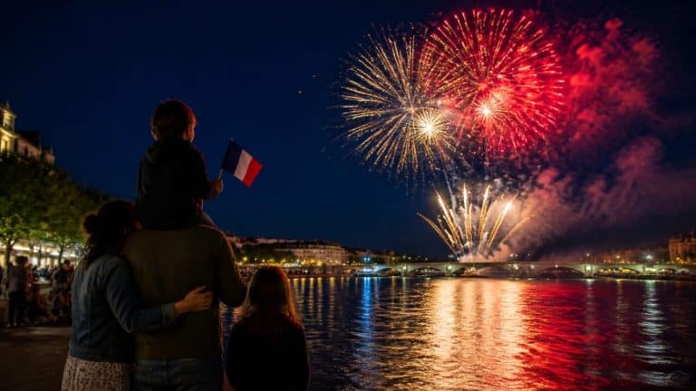 Feu d’artifice au-dessus de la Saône à Mâcon, vu depuis les quais avec une famille au premier plan.