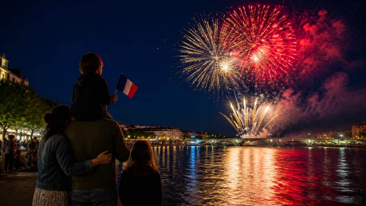 Feu d’artifice au-dessus de la Saône à Mâcon, vu depuis les quais avec une famille au premier plan.