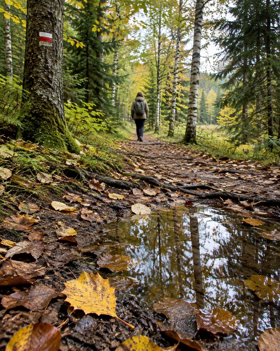 Sentier de randonnée dans les bois et les zones humides du plateau des Mille Étangs.