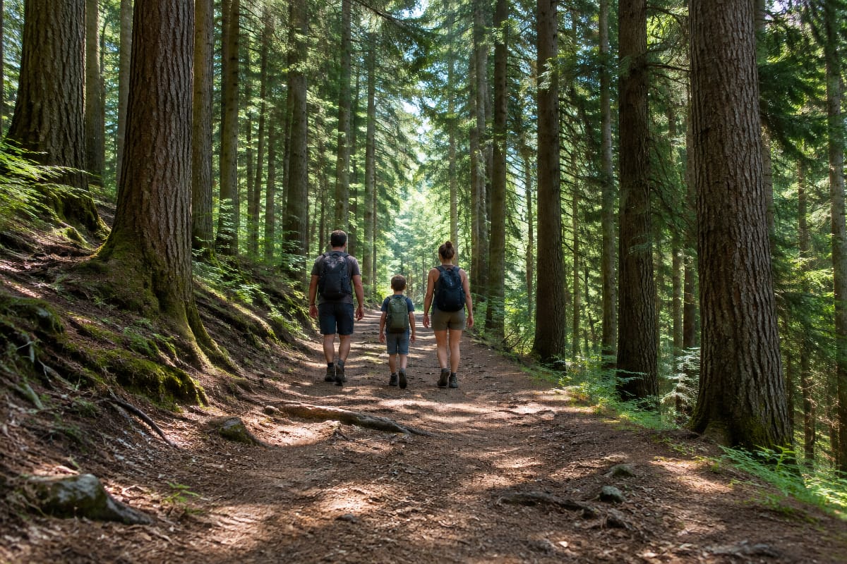 Famille en randonnée sur un sentier forestier du mont Saint-Rigaud dans le Beaujolais Vert