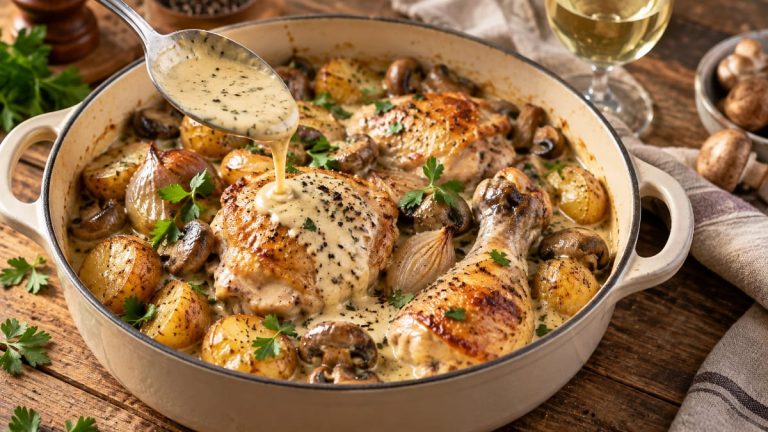 Poulet doré aux champignons nappé de sauce à la cancoillotte dans une cocotte