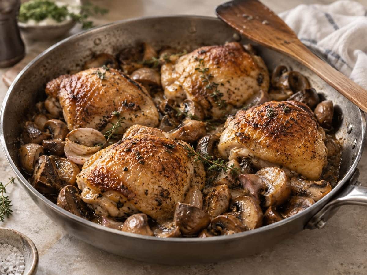 Poulet doré avec échalotes et champignons dans une sauteuse avant l’ajout de la cancoillotte