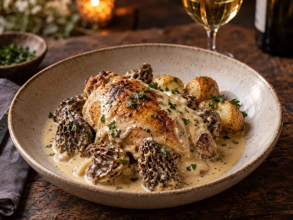 Poulet à la cancoillotte aux morilles servi pour un repas de fête