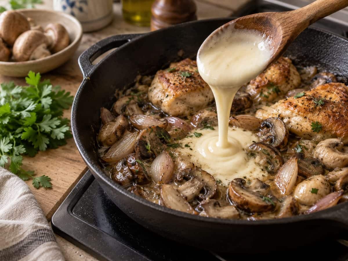Cancoillotte ajoutée à feu doux dans une sauteuse avec poulet et champignons