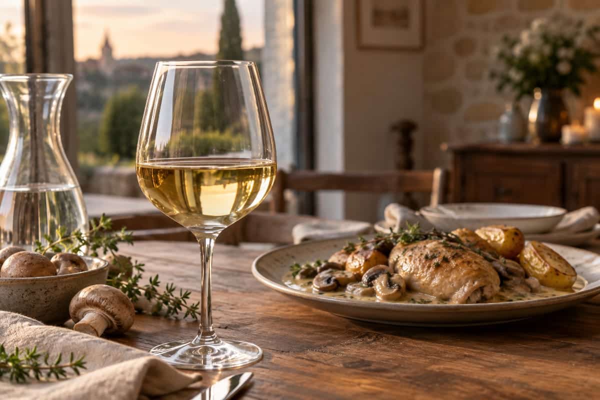 Verre de vin blanc de Bourgogne servi avec un poulet à la cancoillotte aux champignons