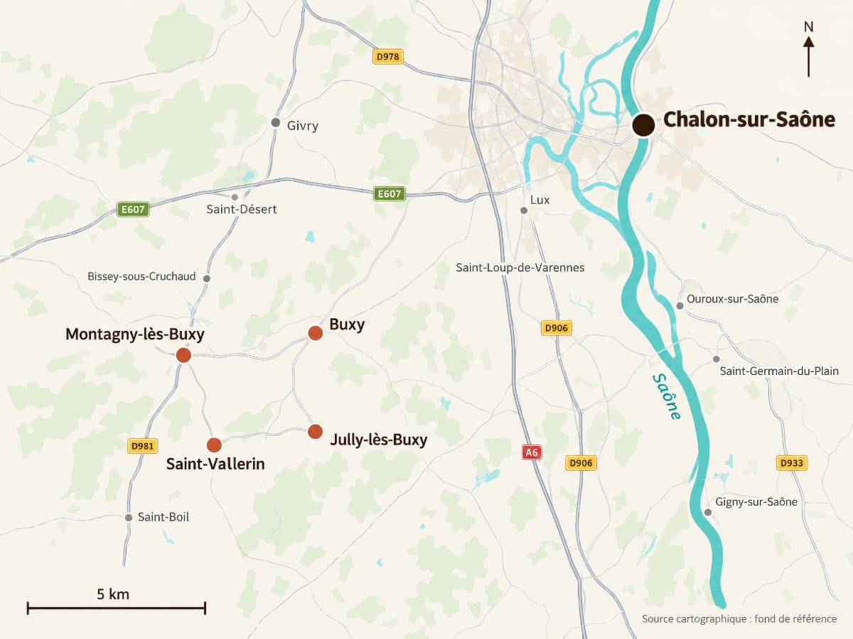 Carte de situation du vignoble de Montagny autour de Buxy, en Côte chalonnaise