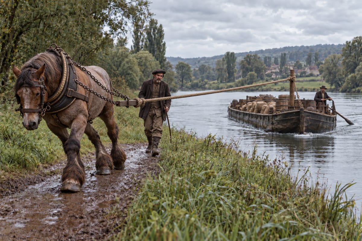 Cheval de trait halant un bateau de fret depuis un chemin au bord de la Saône