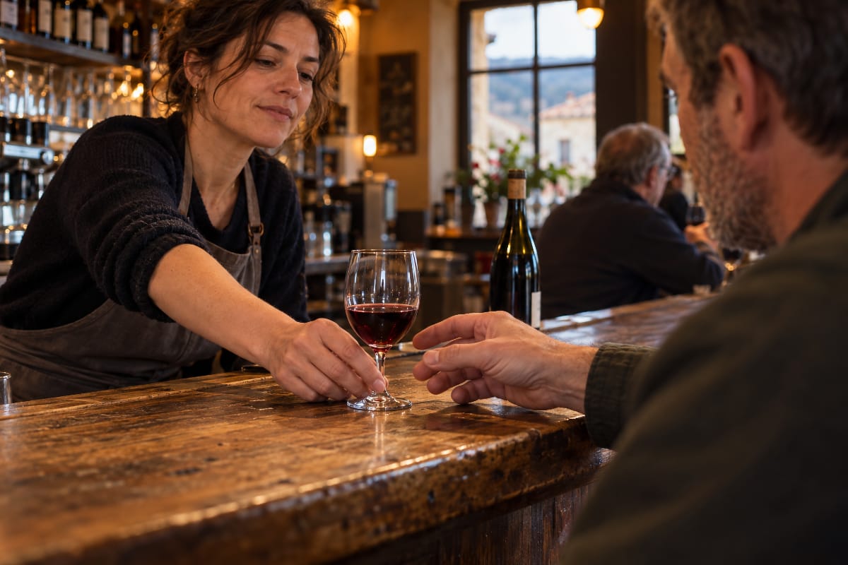 Une serveuse passe un verre de Beaujolais nouveau à un client au comptoir d’un bistrot