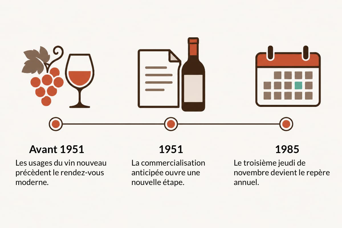 Frise historique : usages du vin nouveau avant 1951, commercialisation anticipée en 1951, troisième jeudi de novembre à partir de 1985