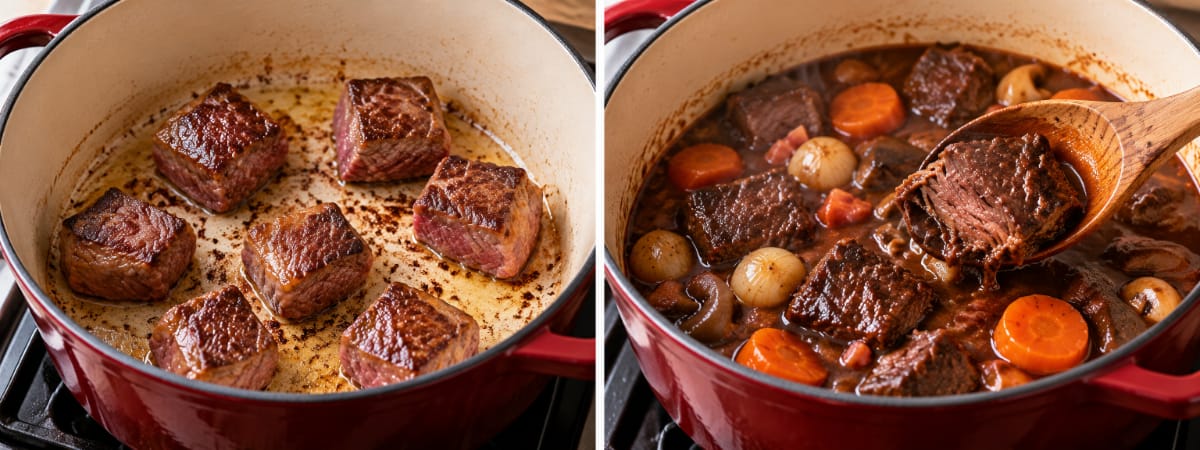Comparaison entre des morceaux de bœuf en cours de coloration et un bourguignon après mijotage