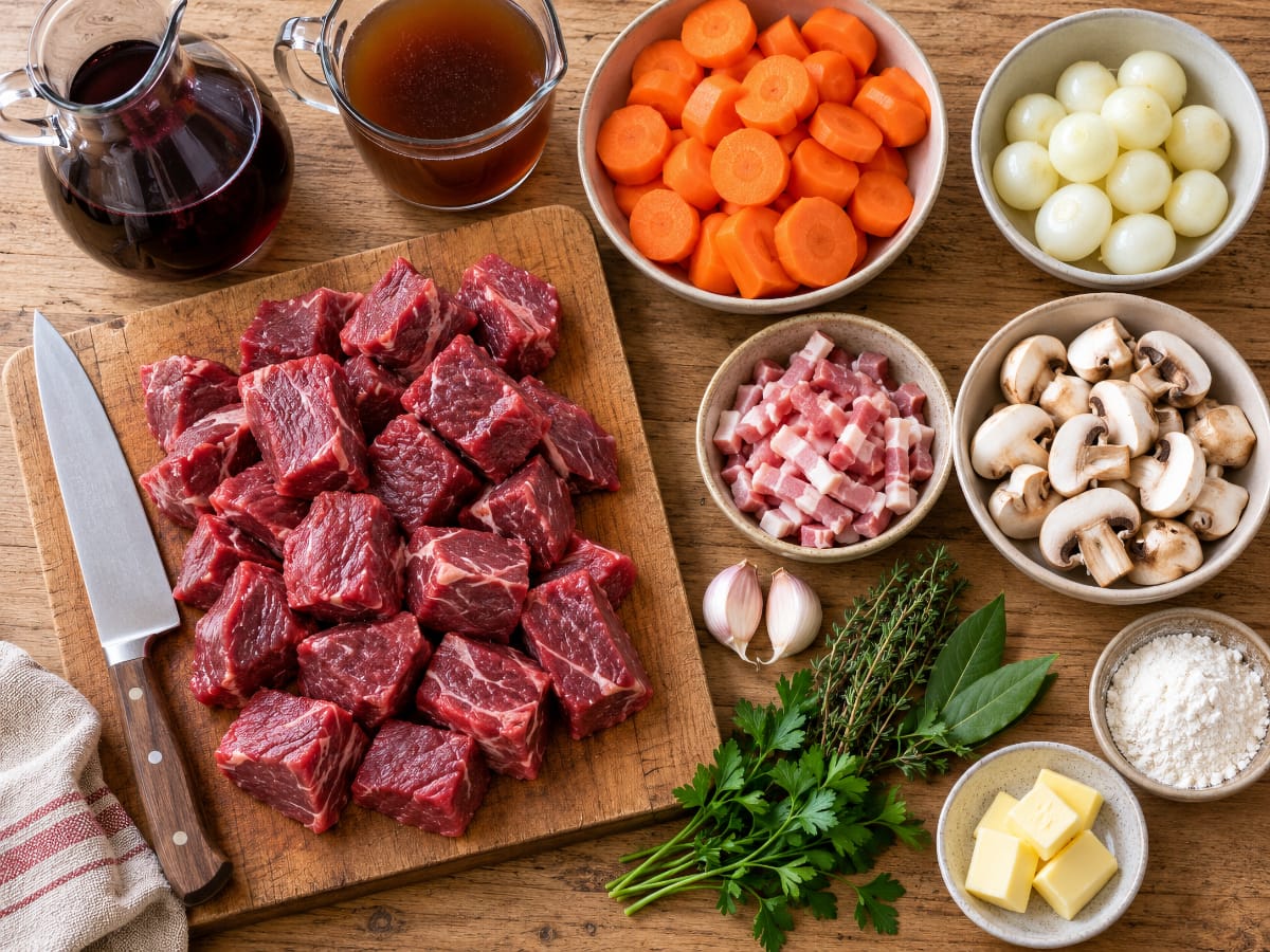 Morceaux de bœuf, carottes, oignons, champignons, lardons, vin rouge et aromates préparés pour un bourguignon