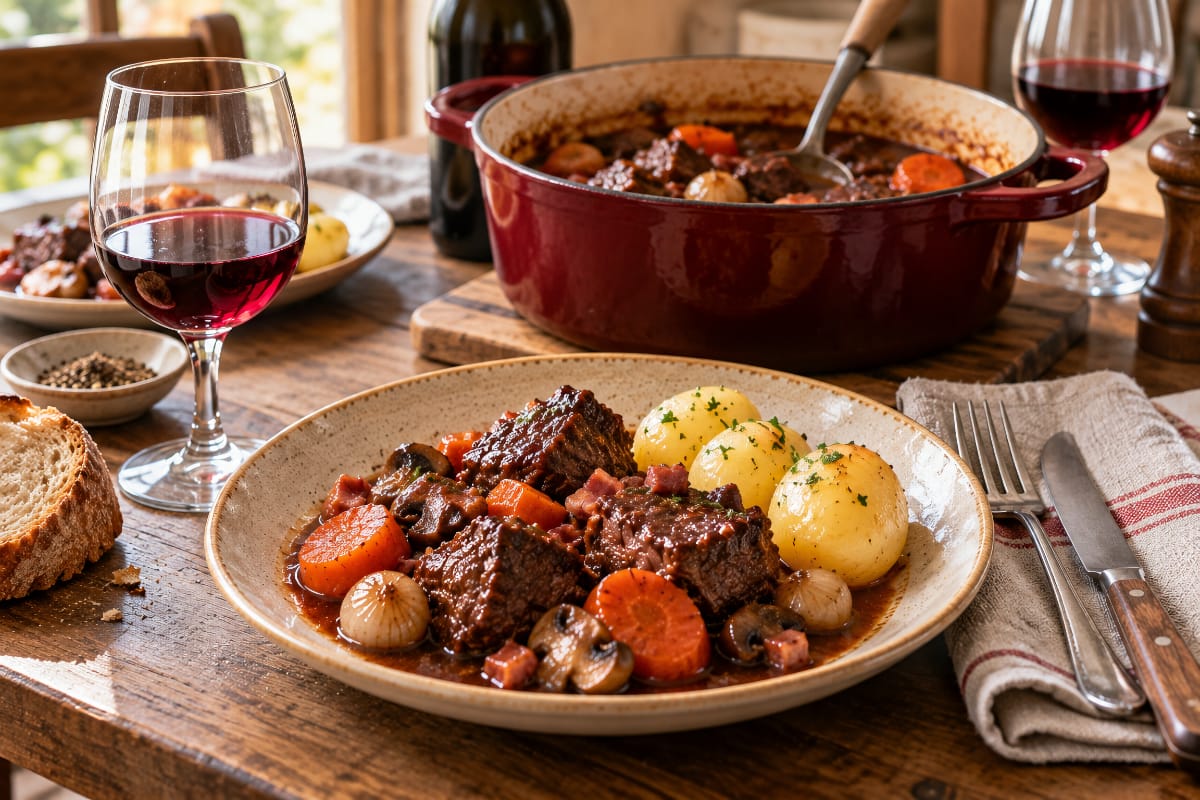 Bœuf bourguignon servi avec des pommes de terre, une cocotte à partager et des verres de vin rouge