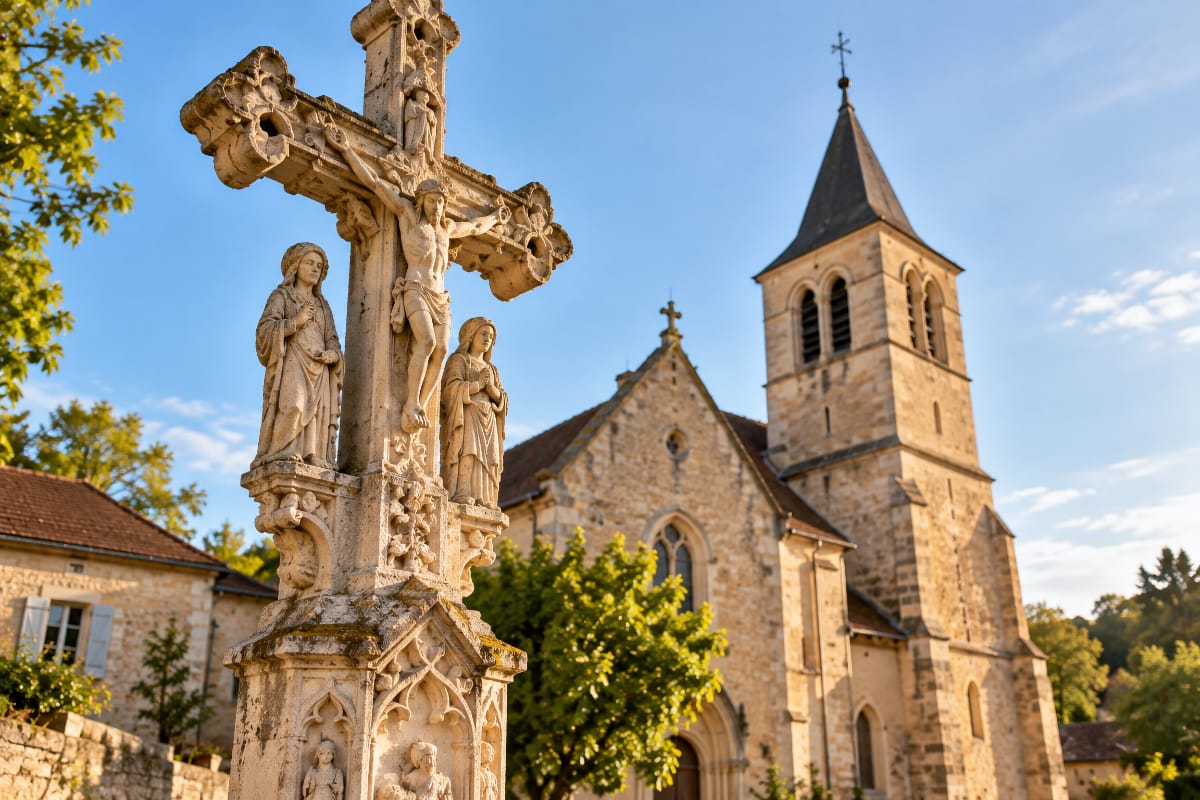 Calvaire sculpté devant l’église Saint-Vincent à Mogneneins