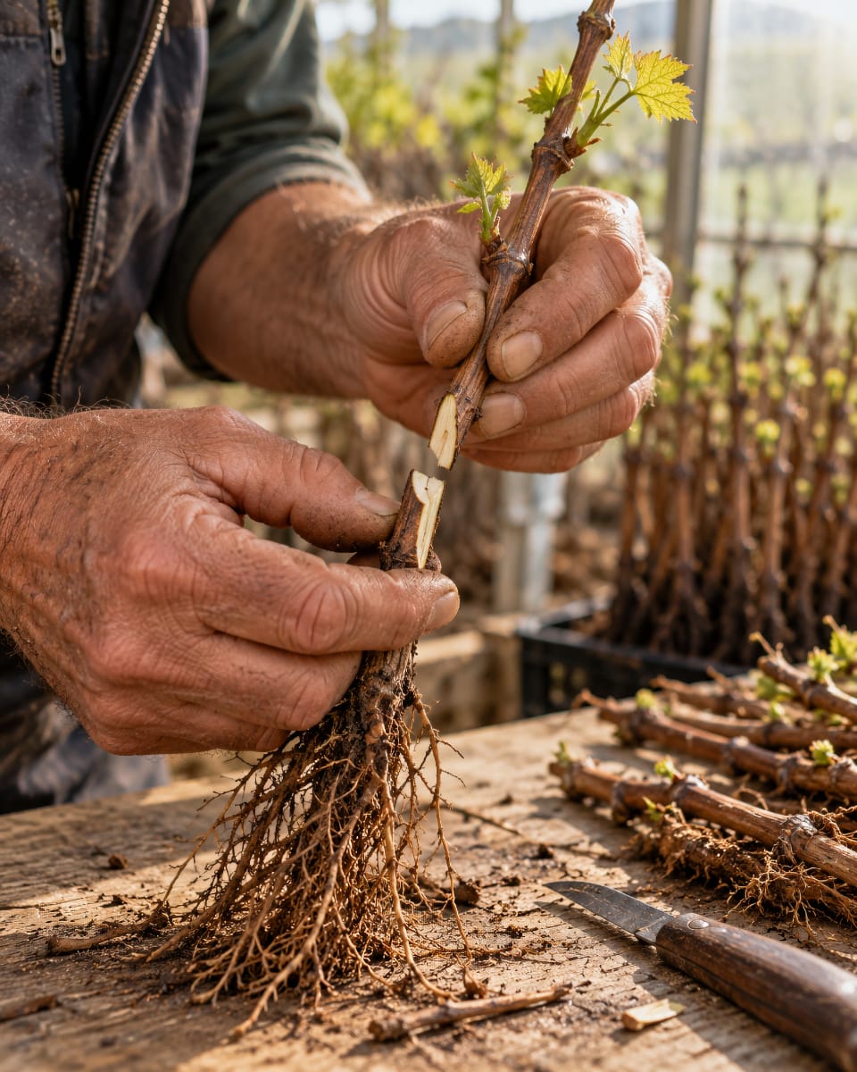 Greffage d’un jeune plant de vigne dans une pépinière viticole à Charcenne