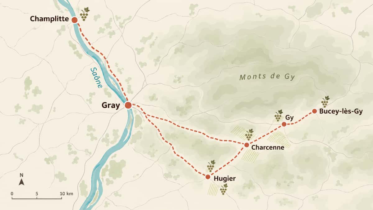 Carte des vignobles de Haute-Saône entre Charcenne, Gy, Bucey-lès-Gy, Hugier et Champlitte
